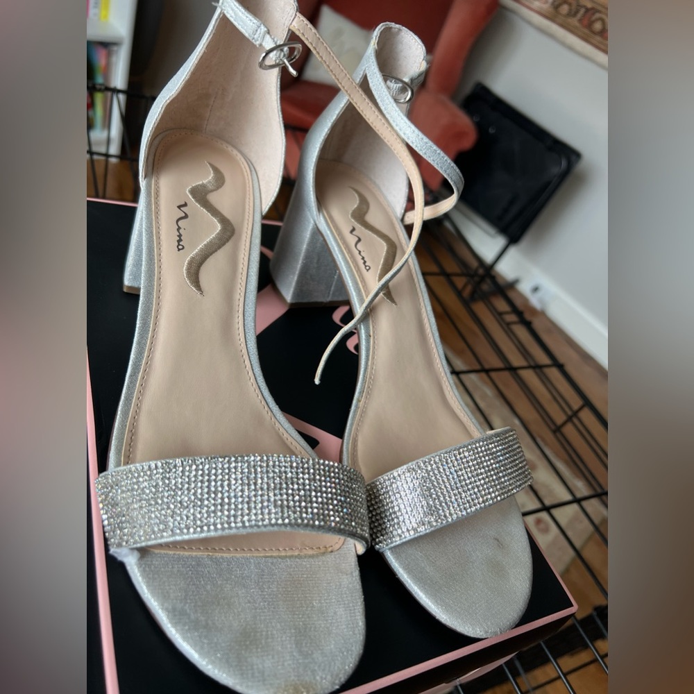 NINA Silver Rhinestone Block Heels
